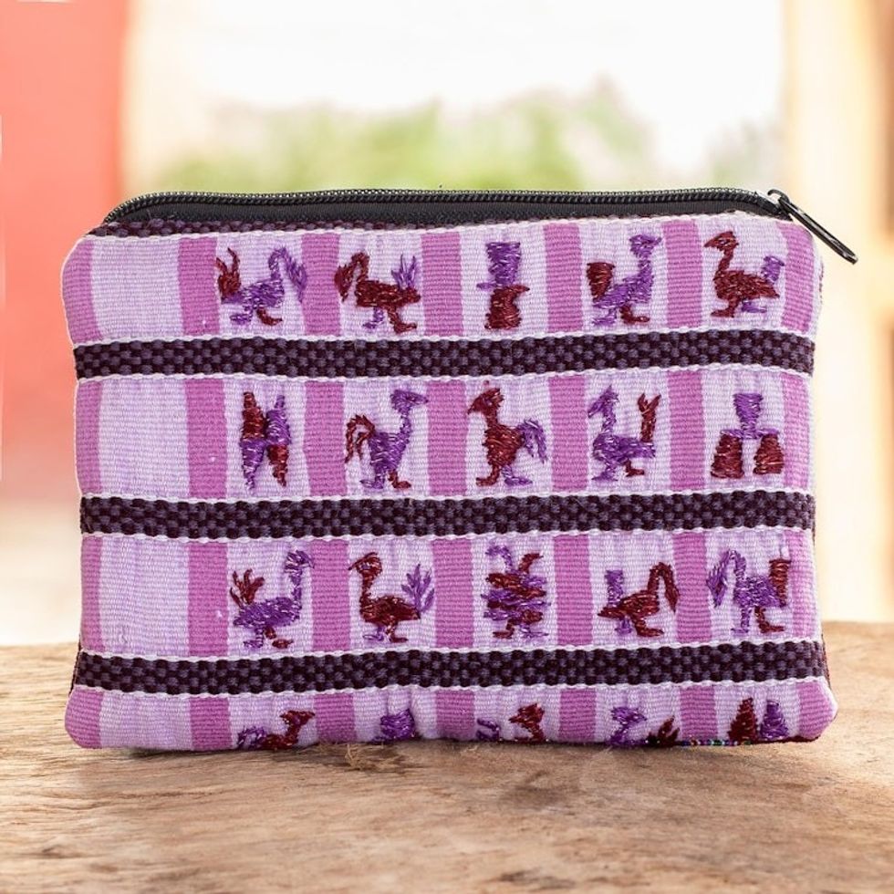 Handwoven Purple Coin Purse With Bird Motif From Guatemala 'Purple Flock'