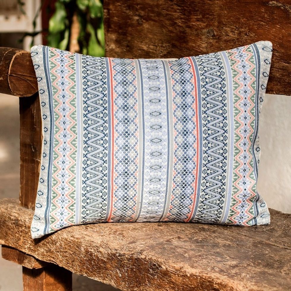 Handloomed Blue Striped Cotton Cushion Cover from Guatemala 'Striped Reef'