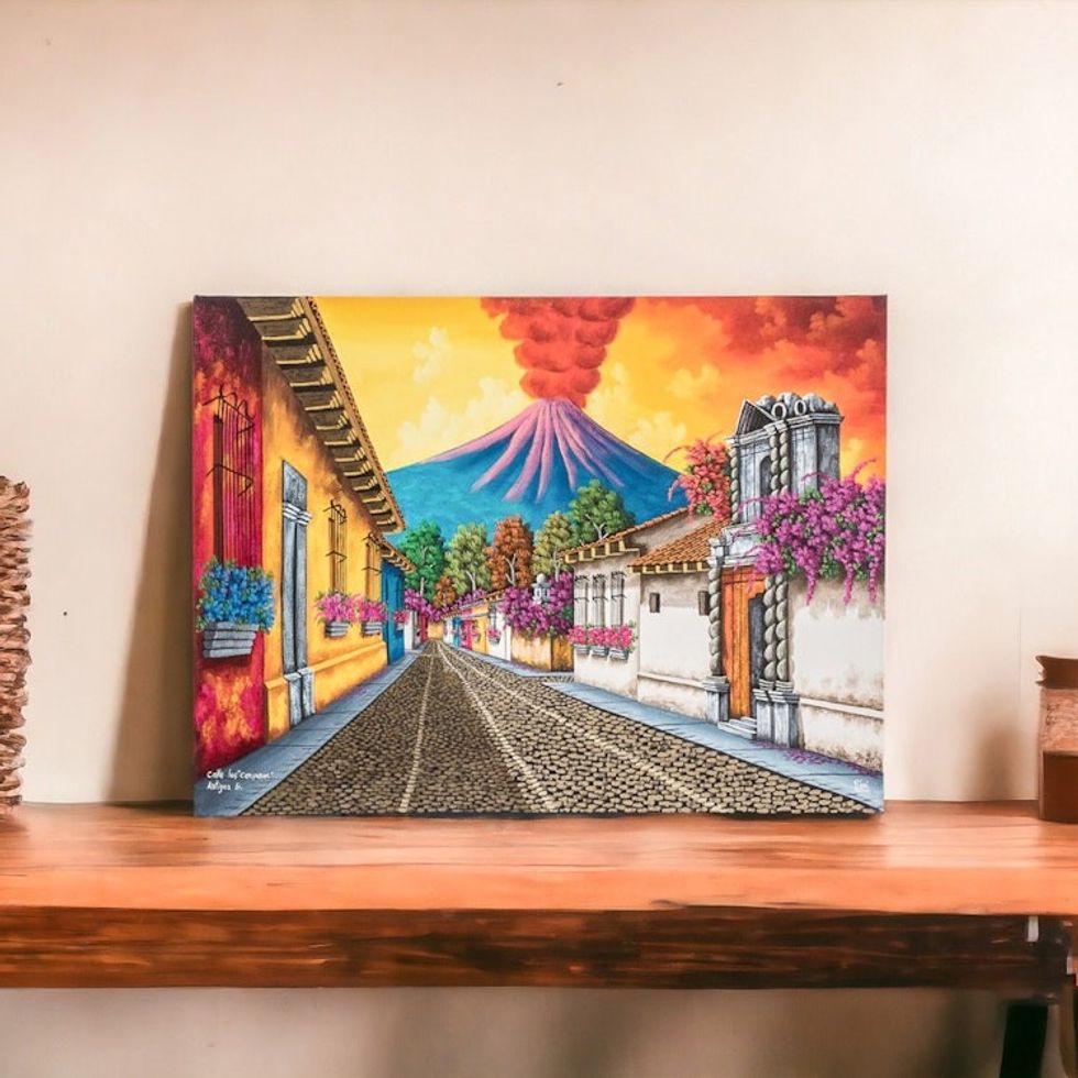 Signed Stretched Oil Painting of Colorful Street and Volcano 'Las Campanas Street'