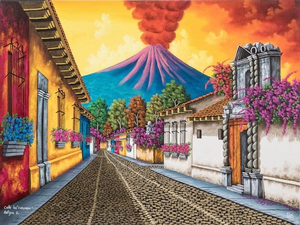 Alternate image for Signed Stretched Oil Painting of Colorful Street and Volcano Las Campanas Street
