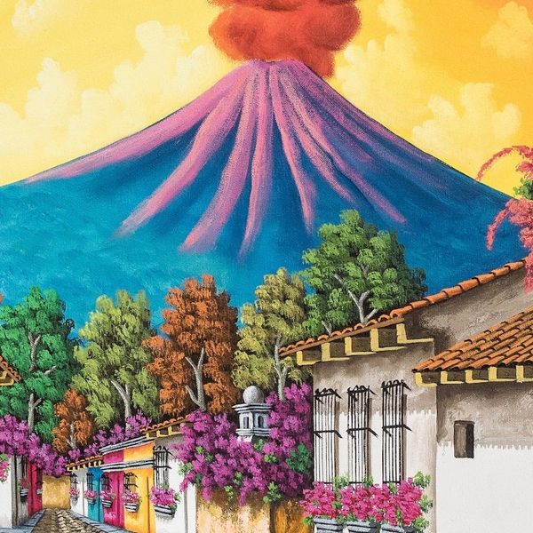Alternate image for Signed Stretched Oil Painting of Colorful Street and Volcano Las Campanas Street