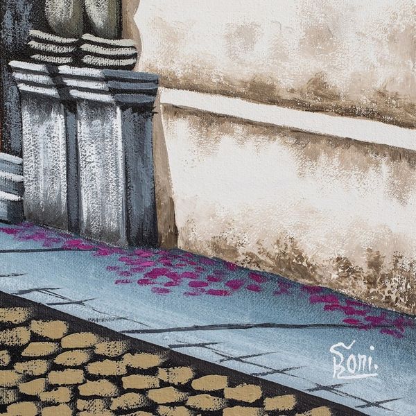 Alternate image for Signed Stretched Oil Painting of Colorful Street and Volcano Las Campanas Street