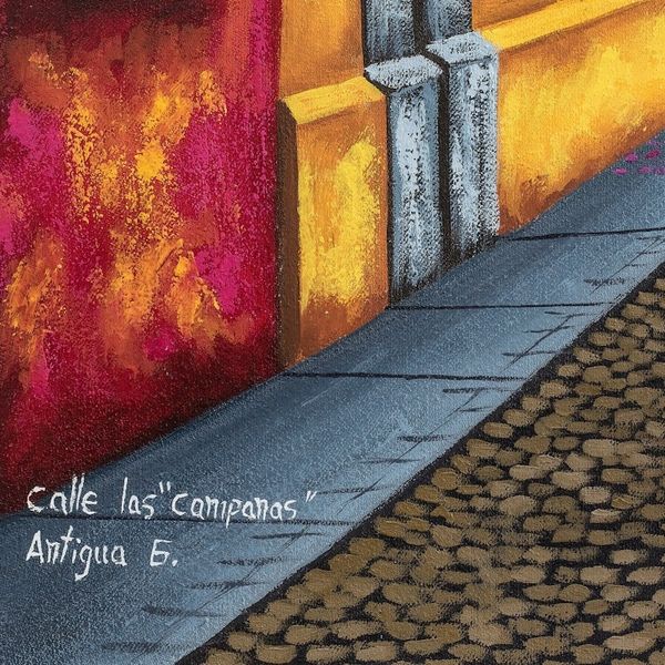 Alternate image for Signed Stretched Oil Painting of Colorful Street and Volcano Las Campanas Street