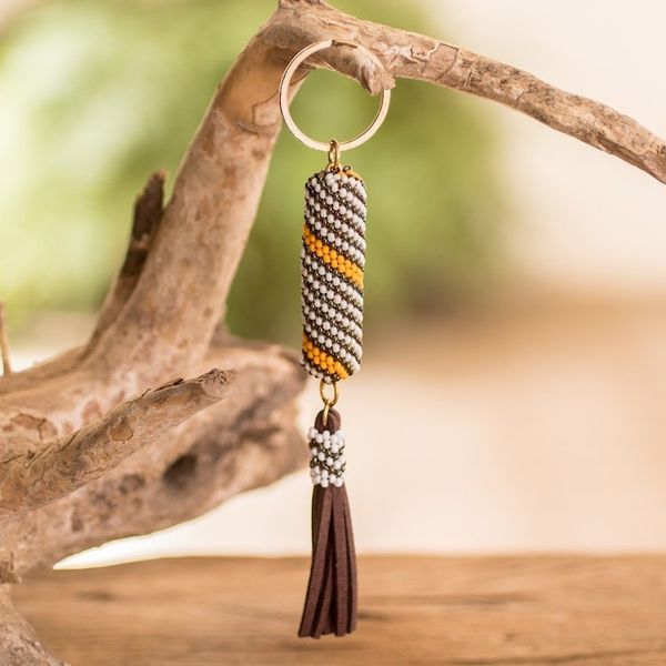 Alternate image for Beaded Leather Keychain and Bag Charm Handmade in Guatemala Bright Light