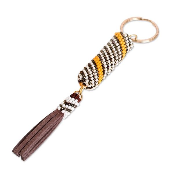 Alternate image for Beaded Leather Keychain and Bag Charm Handmade in Guatemala Bright Light