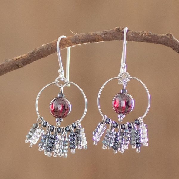 Alternate image for Glass Beaded Circle and Waterfall Style Earrings Purple Center Waterfall