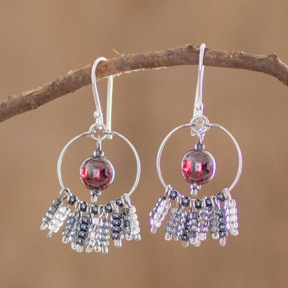 Glass Beaded Circle and Waterfall Style Earrings 'Purple Center Waterfall'