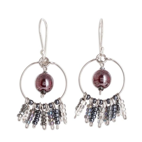 Alternate image for Glass Beaded Circle and Waterfall Style Earrings Purple Center Waterfall