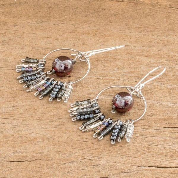 Alternate image for Glass Beaded Circle and Waterfall Style Earrings Purple Center Waterfall
