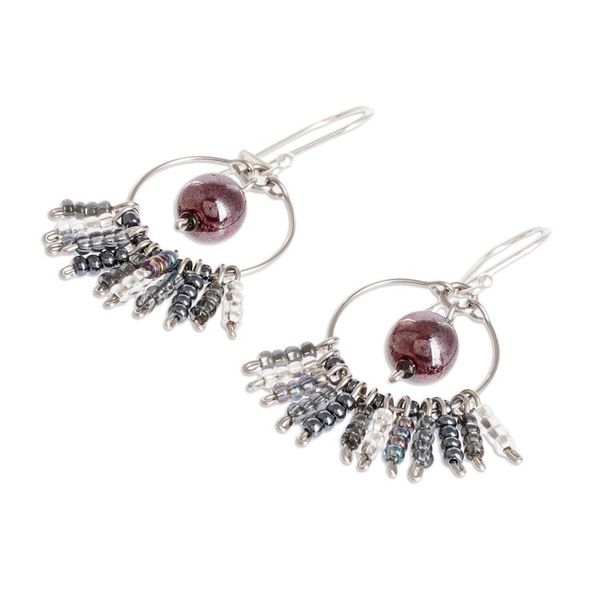 Alternate image for Glass Beaded Circle and Waterfall Style Earrings Purple Center Waterfall