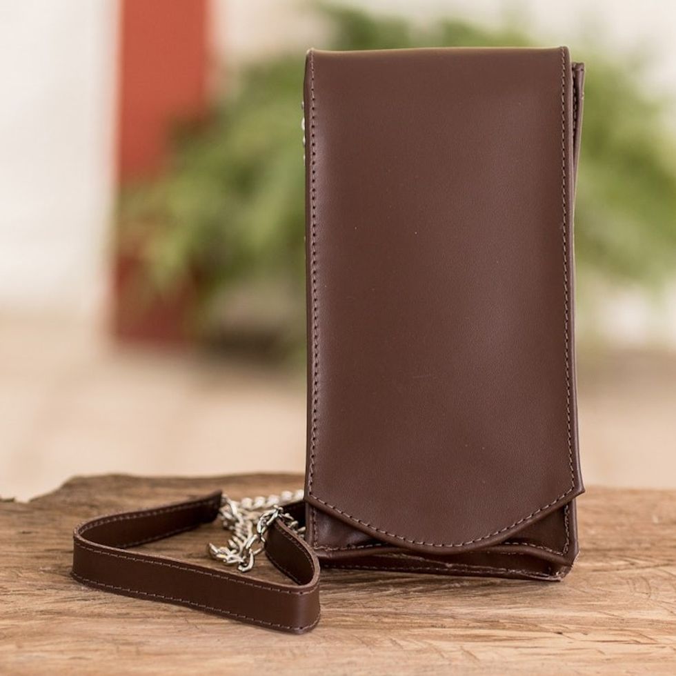 Handcrafted Chocolate Leather Cellphone Wallet 'Handy Elegance in Chocolate'