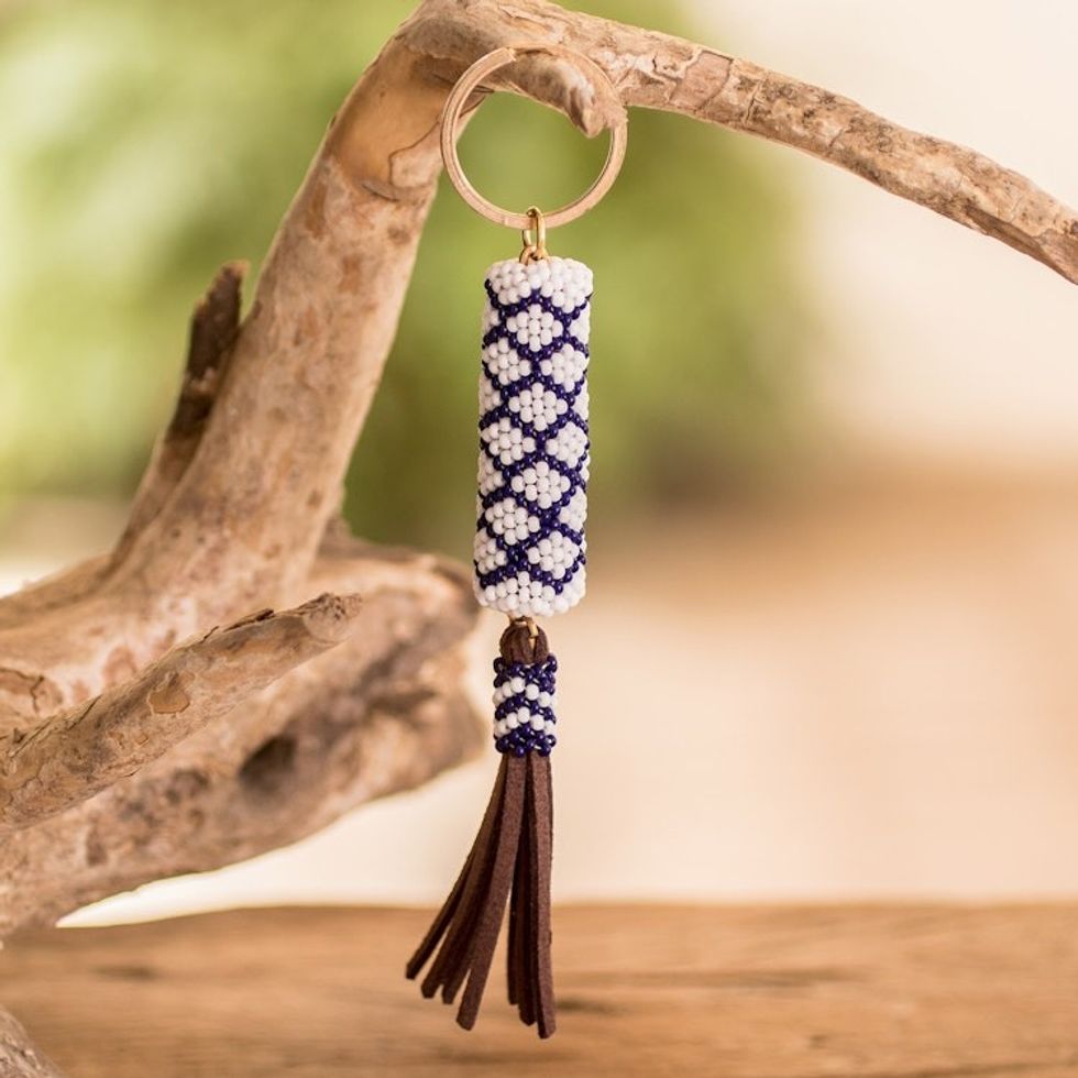Beaded Leather Keychain and Bag Charm Handmade in Guatemala 'Diamond White'
