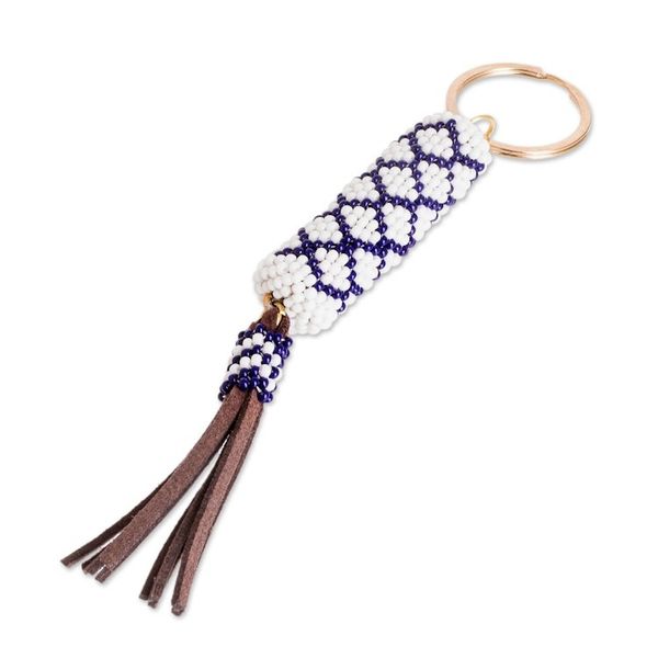 Alternate image for Beaded Leather Keychain and Bag Charm Handmade in Guatemala Diamond White