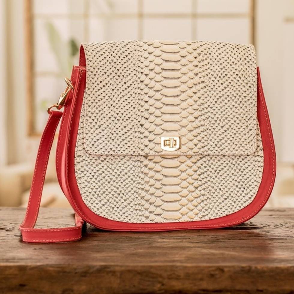 Leather Sling Bag with Snakeskin Motif and Removable Strap 'Radiant Rose'