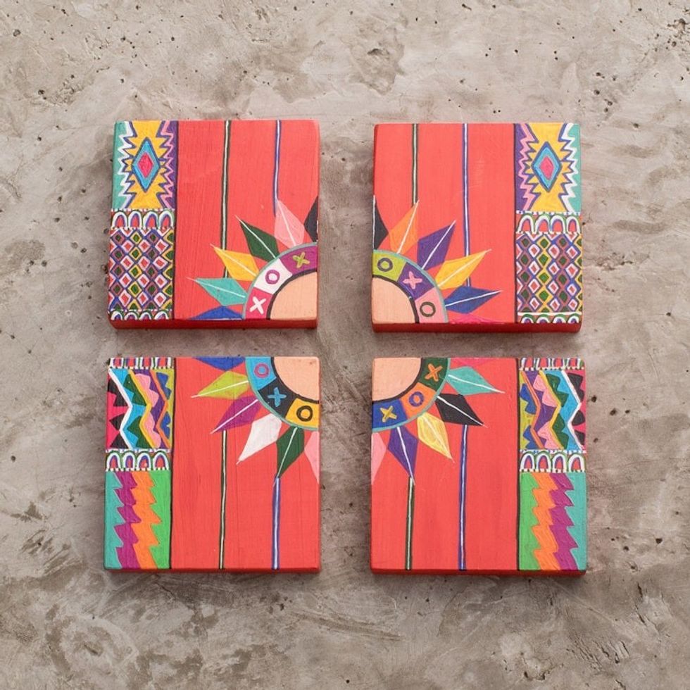 Hand-Painted Colorful Pine Wood Wall Art Set of 4 'Patzn'