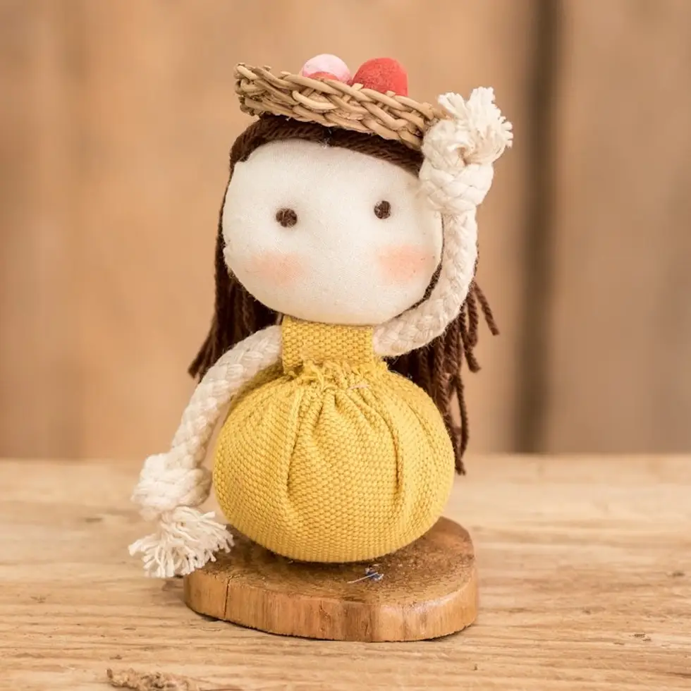 Handmade Cotton and Natural Fiber Decorative Doll in Yellow 'Yellow Enchantment'