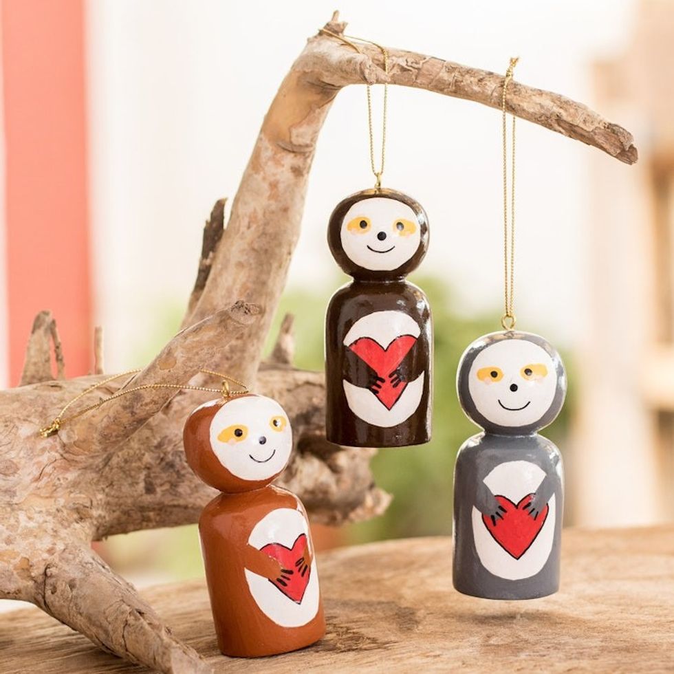 Guatemalan Handcrafted Reclaimed Wood Ornaments Set of 3 'Love Sloth'