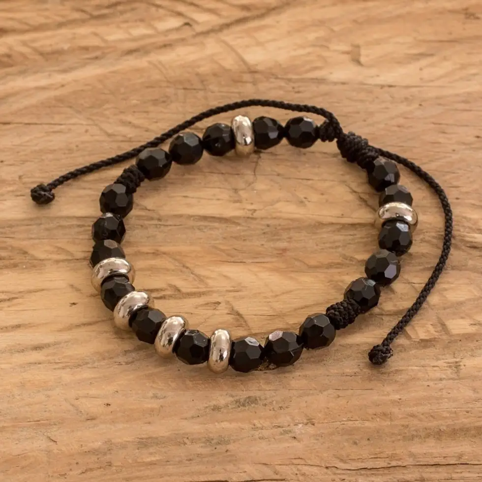 Macrame Wristband Bracelet with Crystal Beads in Black 'Shimmering Crystals'