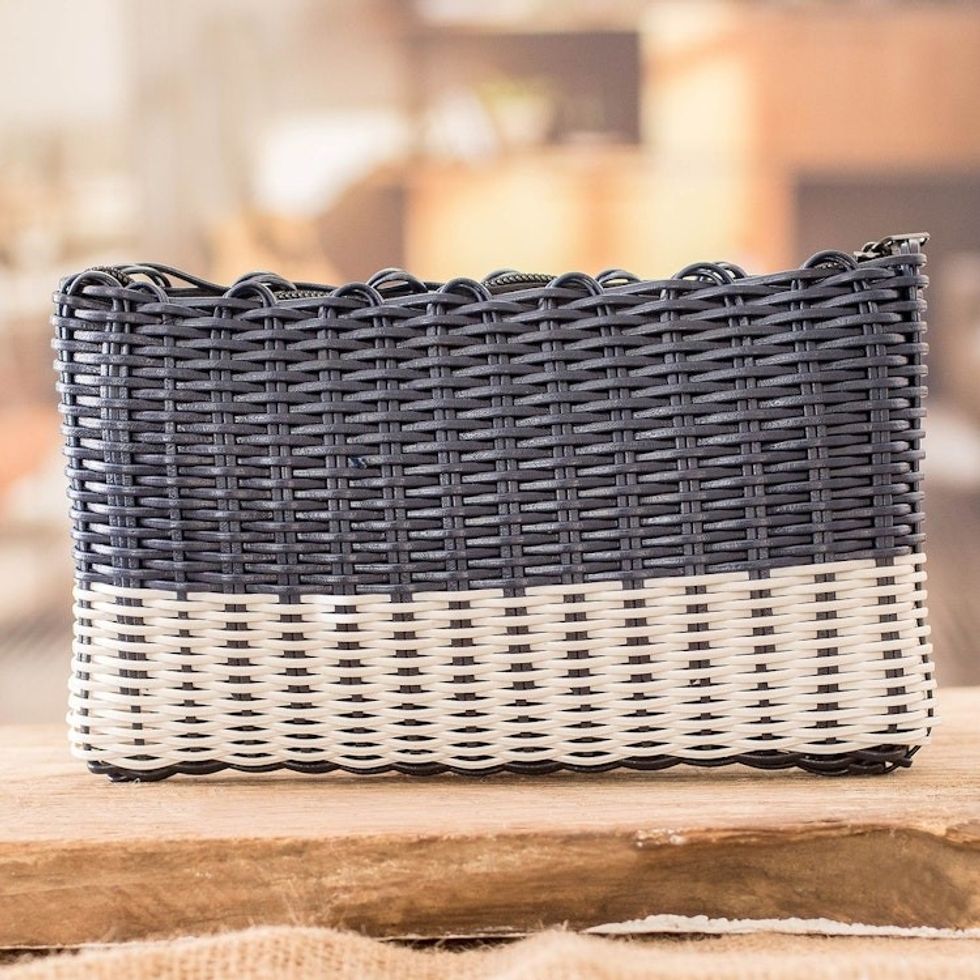 Hand-Woven Recycled Vinyl Cord Cosmetic Bag in Blue White 'Navy over White'