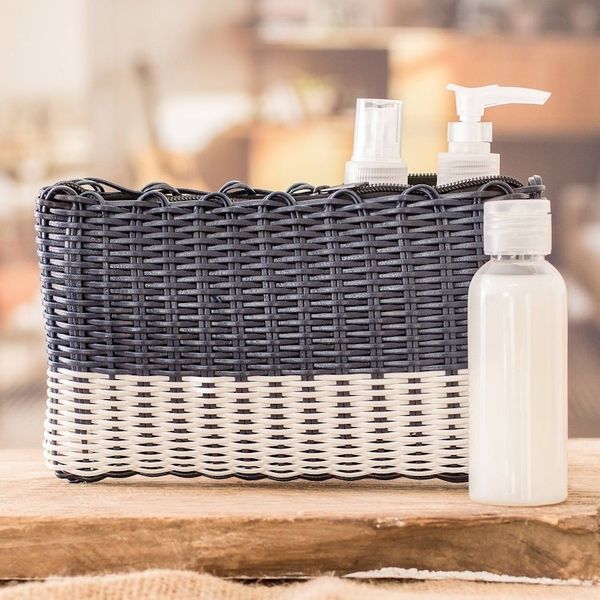 Alternate image for Hand-Woven Recycled Vinyl Cord Cosmetic Bag in Blue White Navy over White