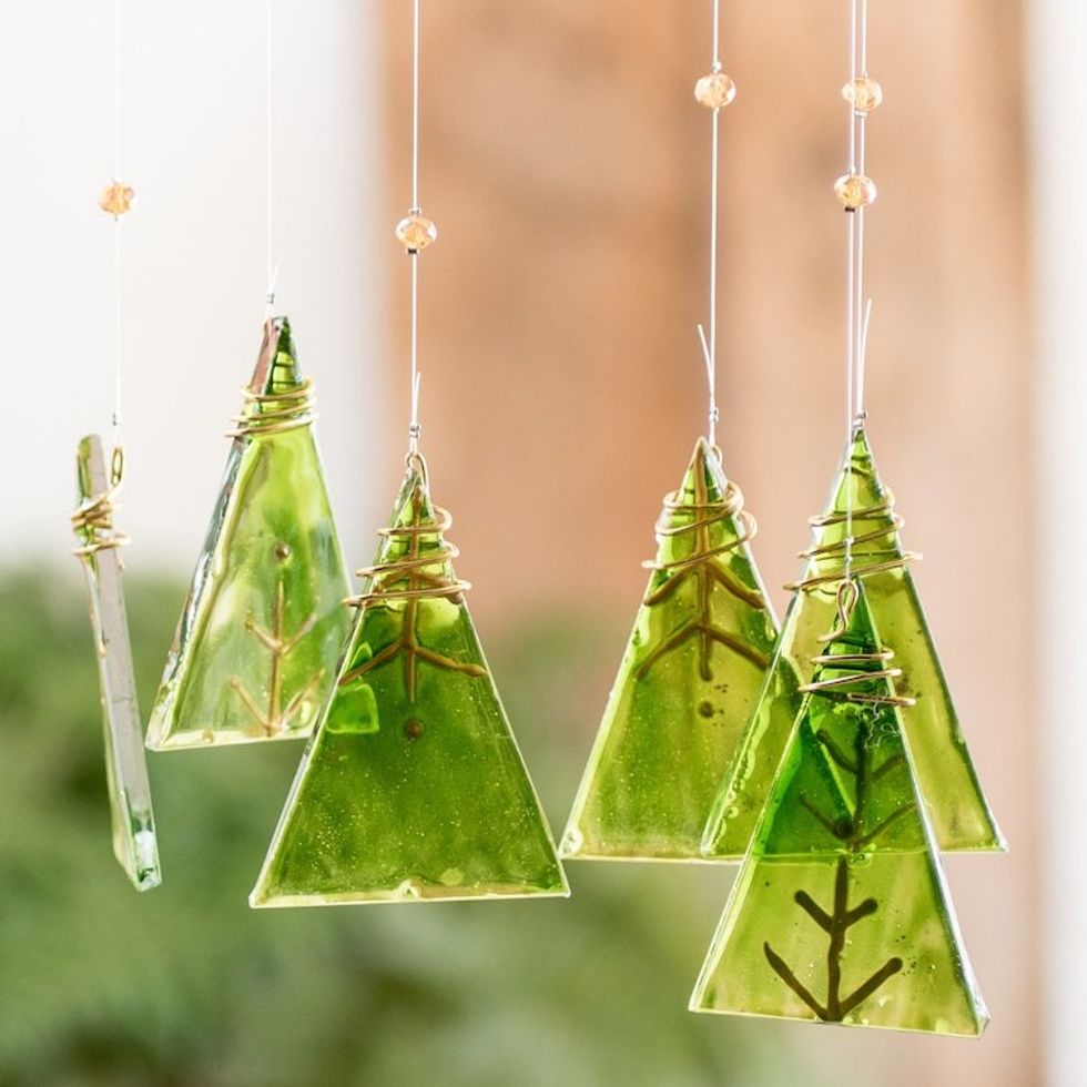 Recycled Hand-Painted Glass Green and Gold Windchime 'Crystal Nature'
