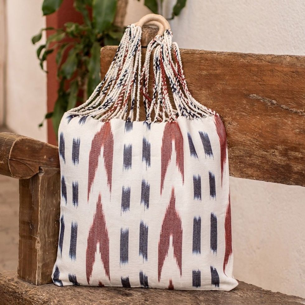 Hand-Woven Patterned Cotton Tote Bag in Ivory Blue and Brown 'Casual Look'