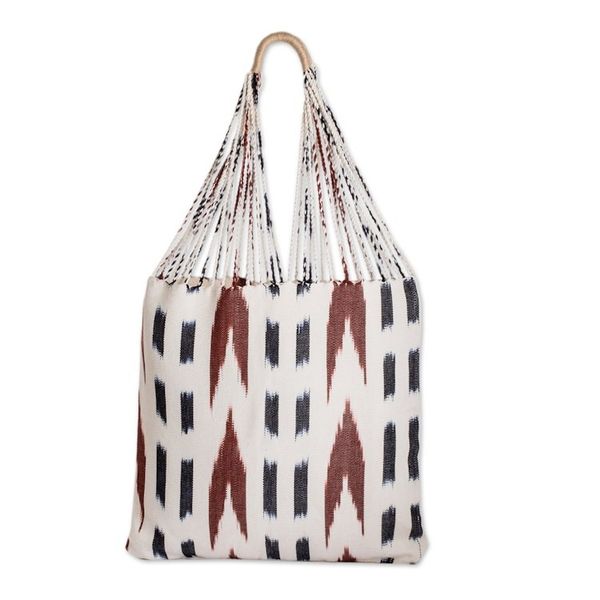 Alternate image for Hand-Woven Patterned Cotton Tote Bag in Ivory Blue and Brown Casual Look