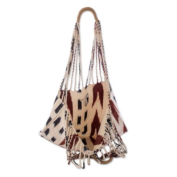 Alternate image for Hand-Woven Patterned Cotton Tote Bag in Ivory Blue and Brown Casual Look