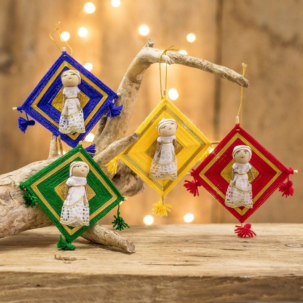 Guatemalan Handmade Cotton Worry Doll Ornaments Set of 4 'Gilded Christmas'