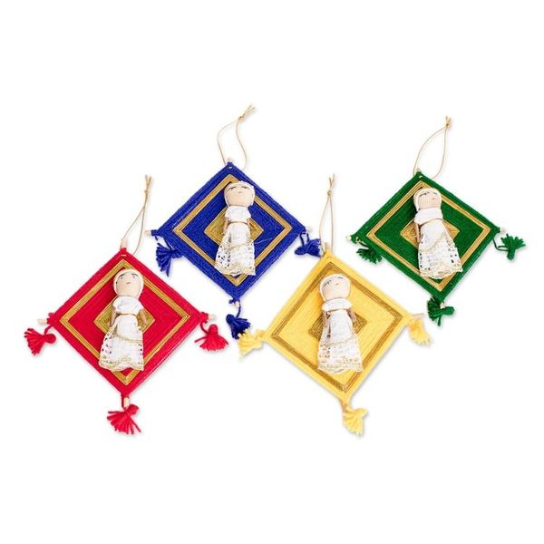 Alternate image for Guatemalan Handmade Cotton Worry Doll Ornaments Set of 4 Gilded Christmas
