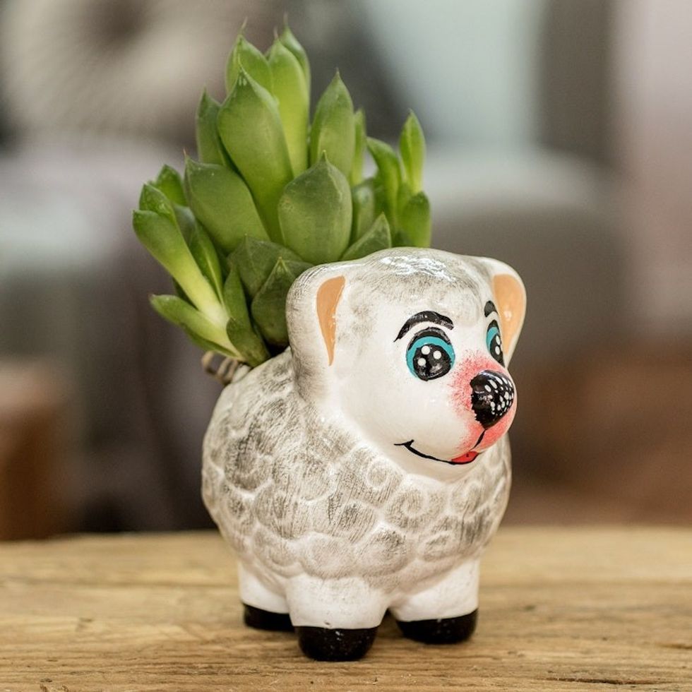 Handpainted Mini Ceramic Sheep Flower Pot from Guatemala 'Herbaceous Sheep'