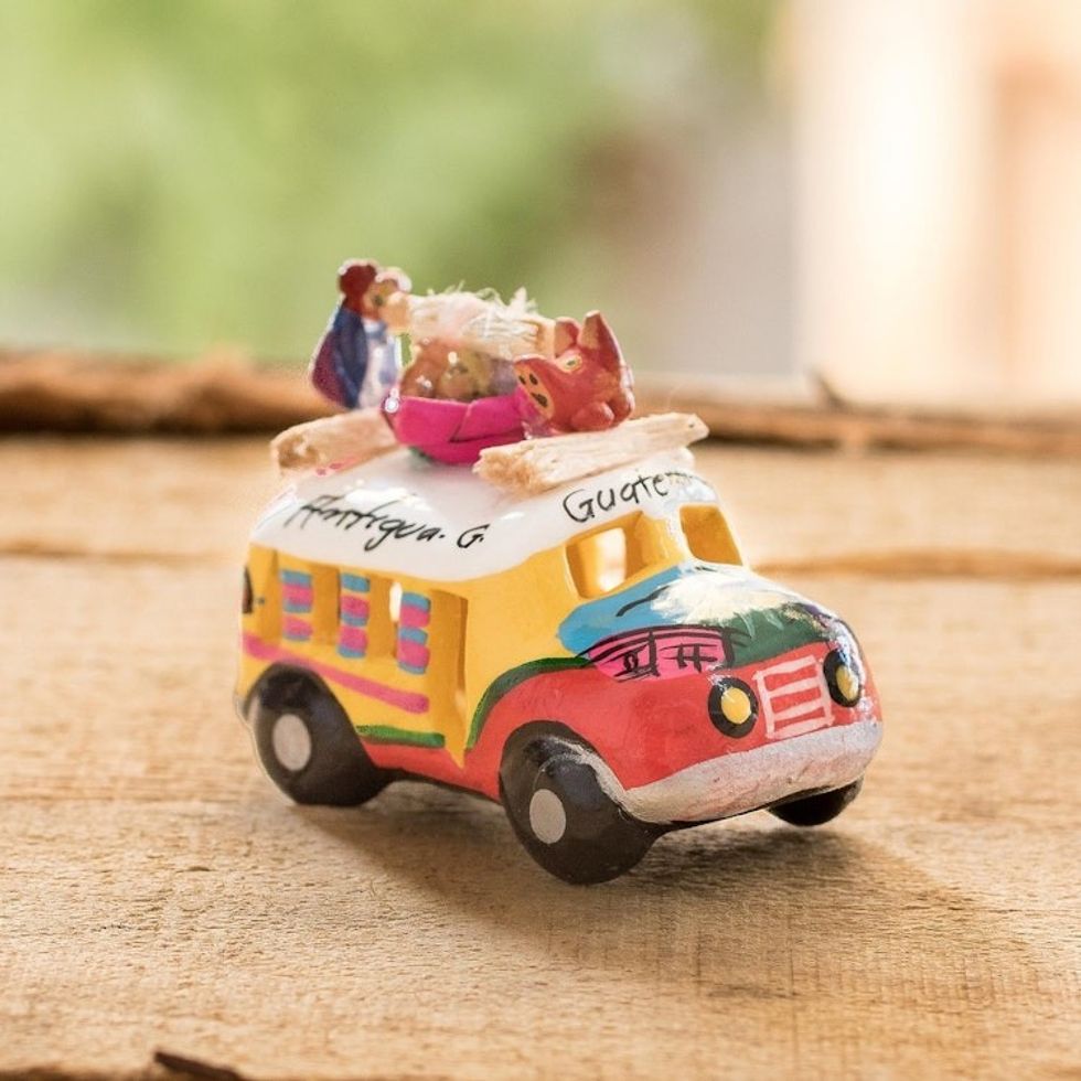 Yellow and Orange Ceramic Bus Decoration from Guatemala 'Yellow and Orange Old-Time Bus'