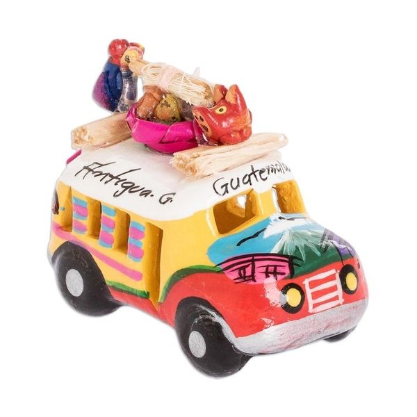 Alternate image for Yellow and Orange Ceramic Bus Decoration from Guatemala Yellow and Orange Old-Time Bus
