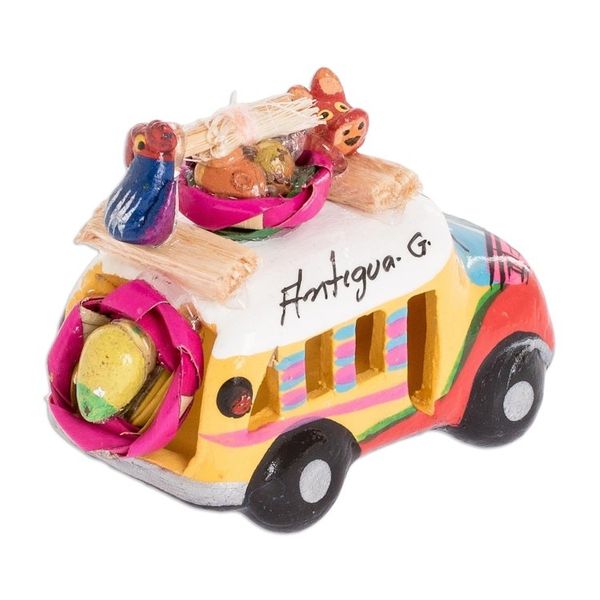Alternate image for Yellow and Orange Ceramic Bus Decoration from Guatemala Yellow and Orange Old-Time Bus