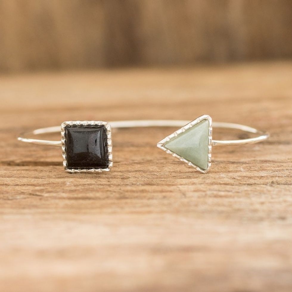 Geometric Themed Jade Cuff Bracelet with Sterling Silver 'Geometric Shapes II'