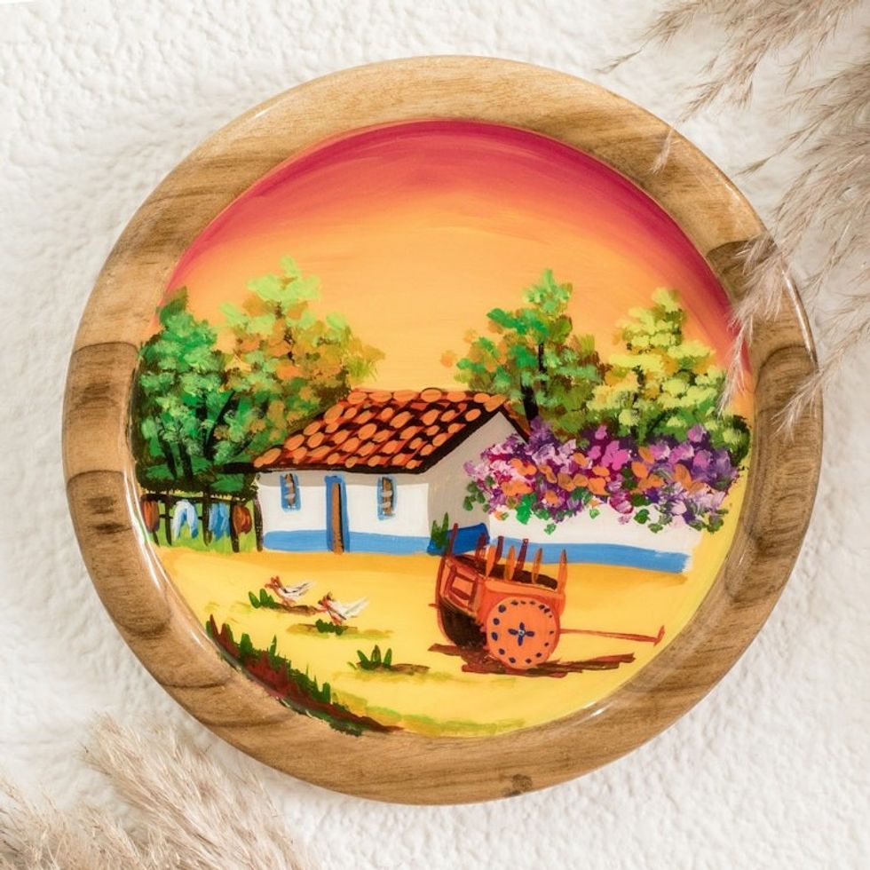 Cedar Wood Hand-Painted Decorative Plate from Costa Rica 'Costa Rican Farm'