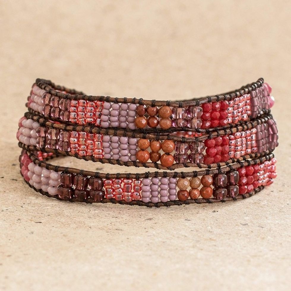 Glass Bead Braided Bracelet in Tones of Rose and Brown 'Earth Rose'