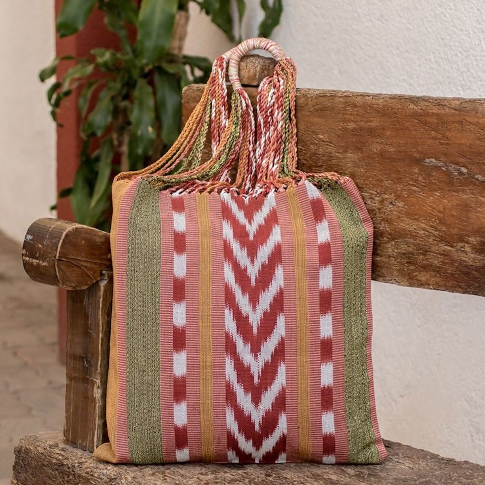 Striped Patterned Cotton Tote Bag Hand-Woven in Guatemala 'Earth'