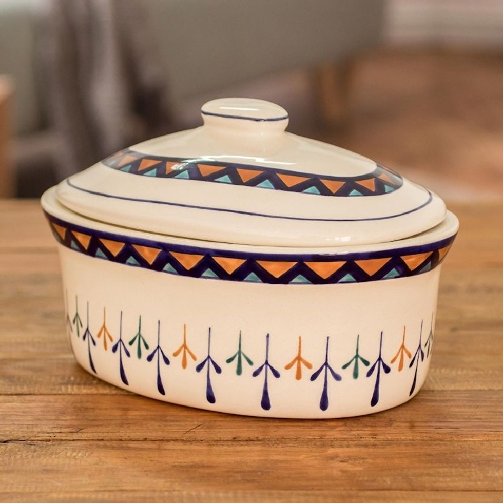 Ceramic Hand Painted Covered Oval Casserole Geometric Motif 'Antigua Breeze'