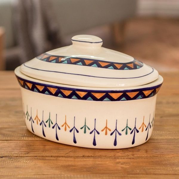 Alternate image for Ceramic Hand Painted Covered Oval Casserole Geometric Motif Antigua Breeze