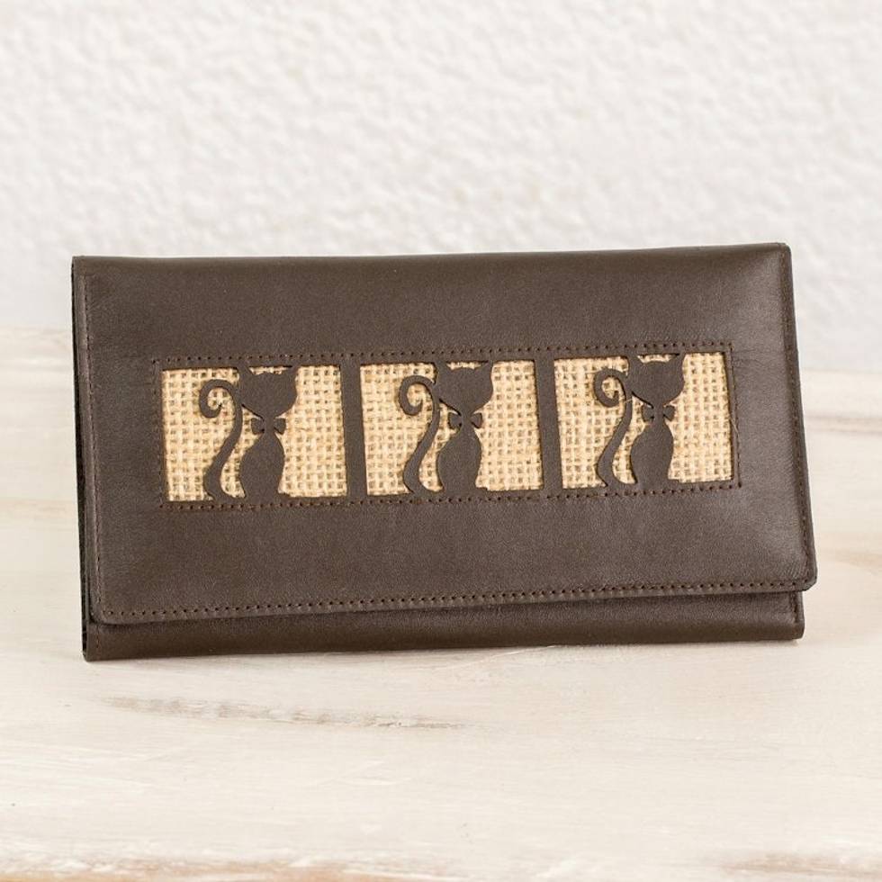 Kitty Cat Jute Trim Brown Leather Wallet 'Brown Kitty Cats'