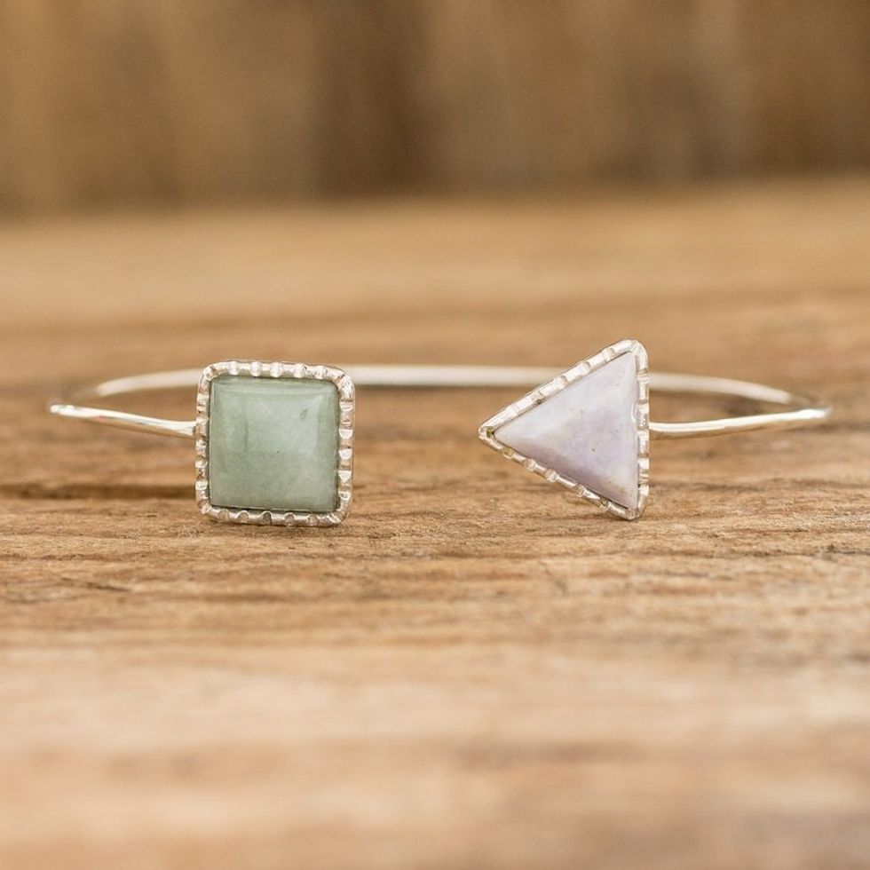 Geometric Themed Jade Cuff Bracelet with Sterling Silver 'Geometric Shapes I'