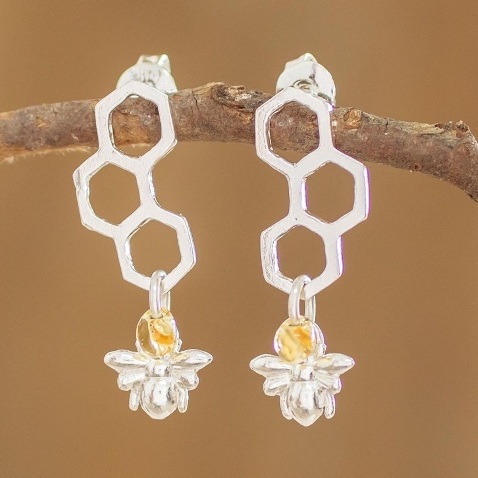 Bee and Honeycomb Sterling Silver Earrings from Costa Rica 'Honeycomb Builders'