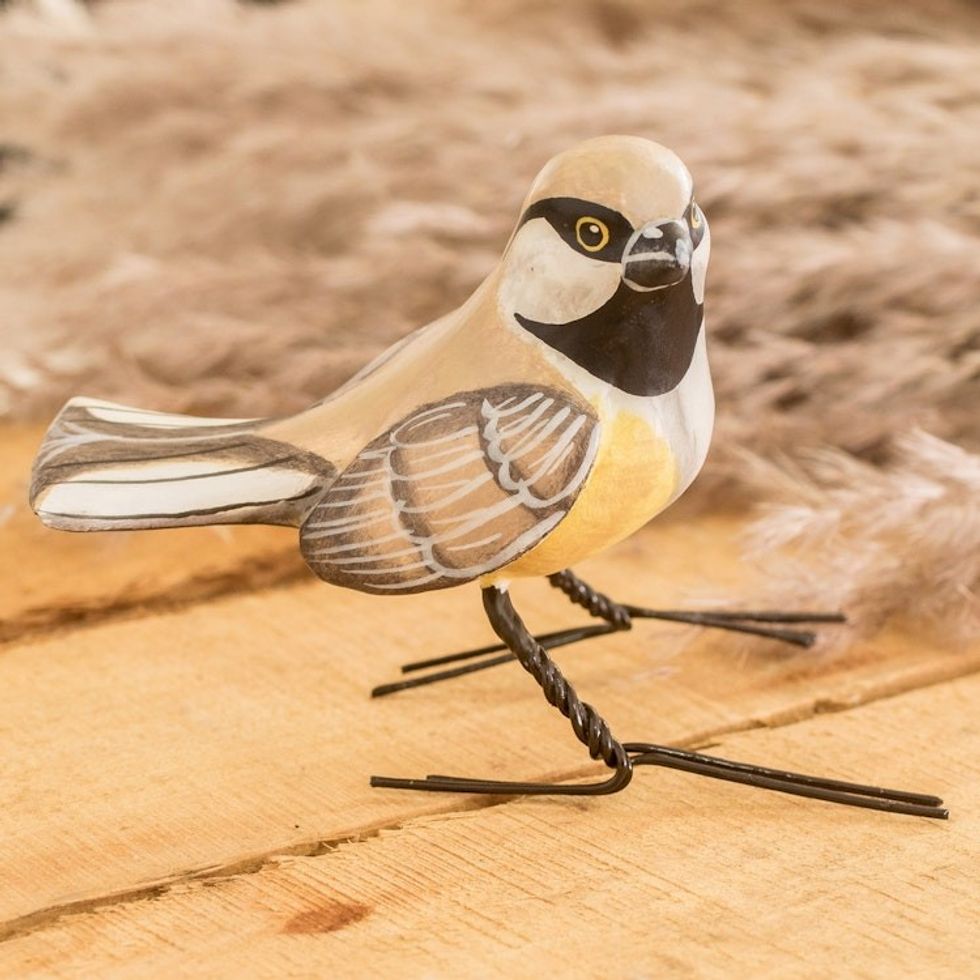 Handmade Bird Sculpture from Guatemala 'Grey-headed Chickadee'