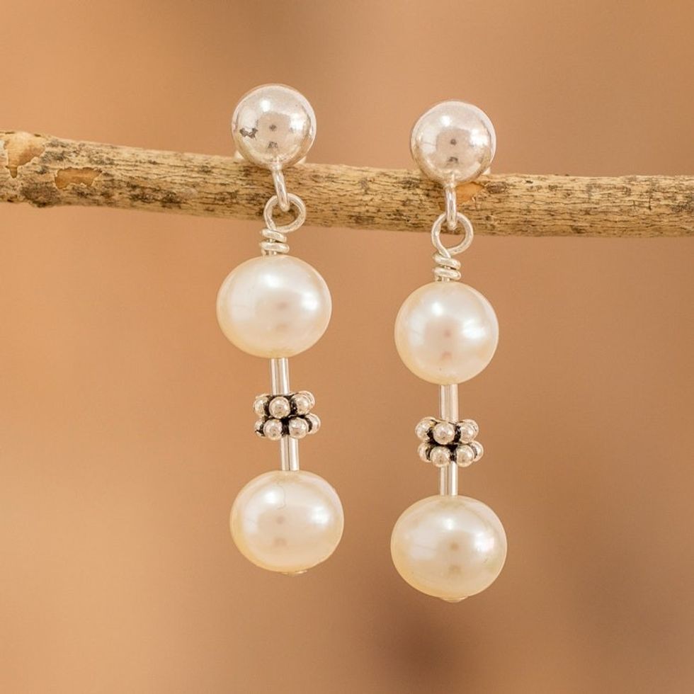 Sterling Silver Beaded Dangle Earrings with Cream Pearls 'Pearly Richness'