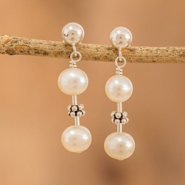 Alternate image for Sterling Silver Beaded Dangle Earrings with Cream Pearls Pearly Richness