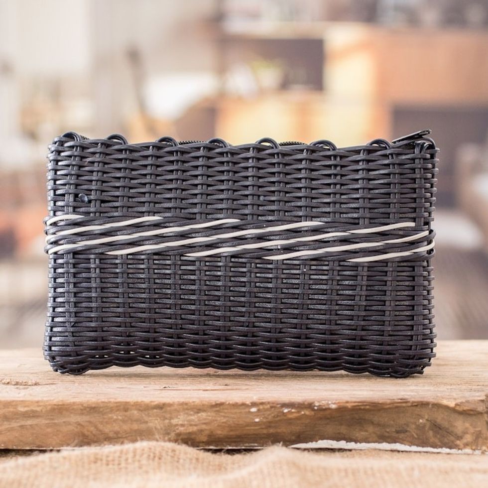 Blue and White Hand-Woven Recycled Vinyl Cord Cosmetic Bag 'Enchantment of Color in Blue'