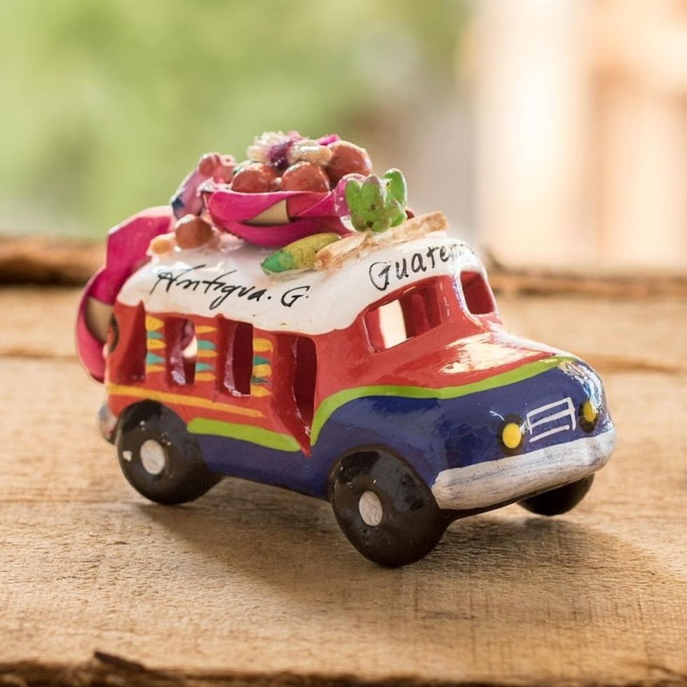 Green Striped Ceramic Bus 3 Inch Figurine from Guatemala 'Mini Old Time Bus'