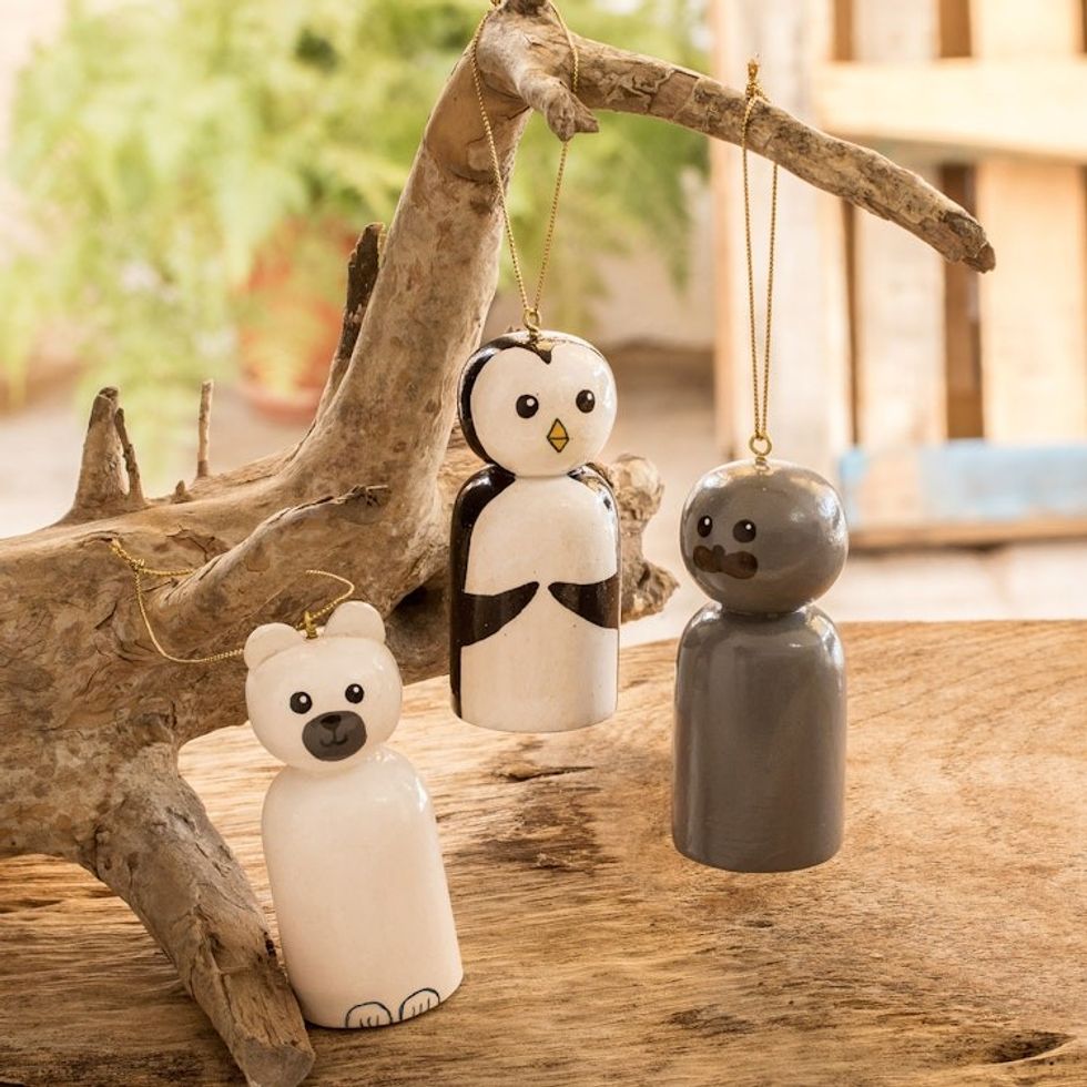 Reclaimed Wood Ornaments from Guatemala Set of 3 'Sweet Arctic'
