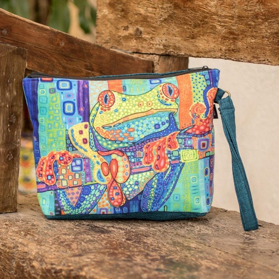 Handmade Multicolored Wristlet Bag with a Frog Motif 'Wild Fauna'